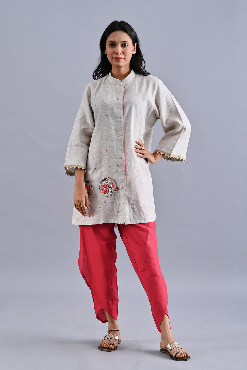 Beige Lotus Linen kurta