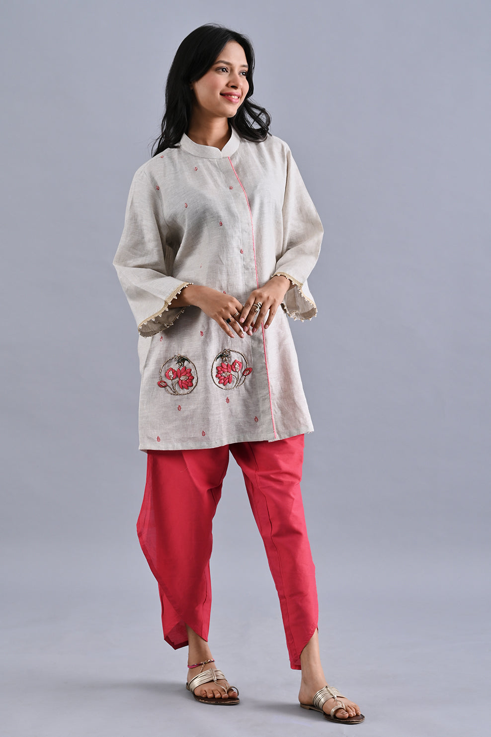 Beige Lotus Linen kurta