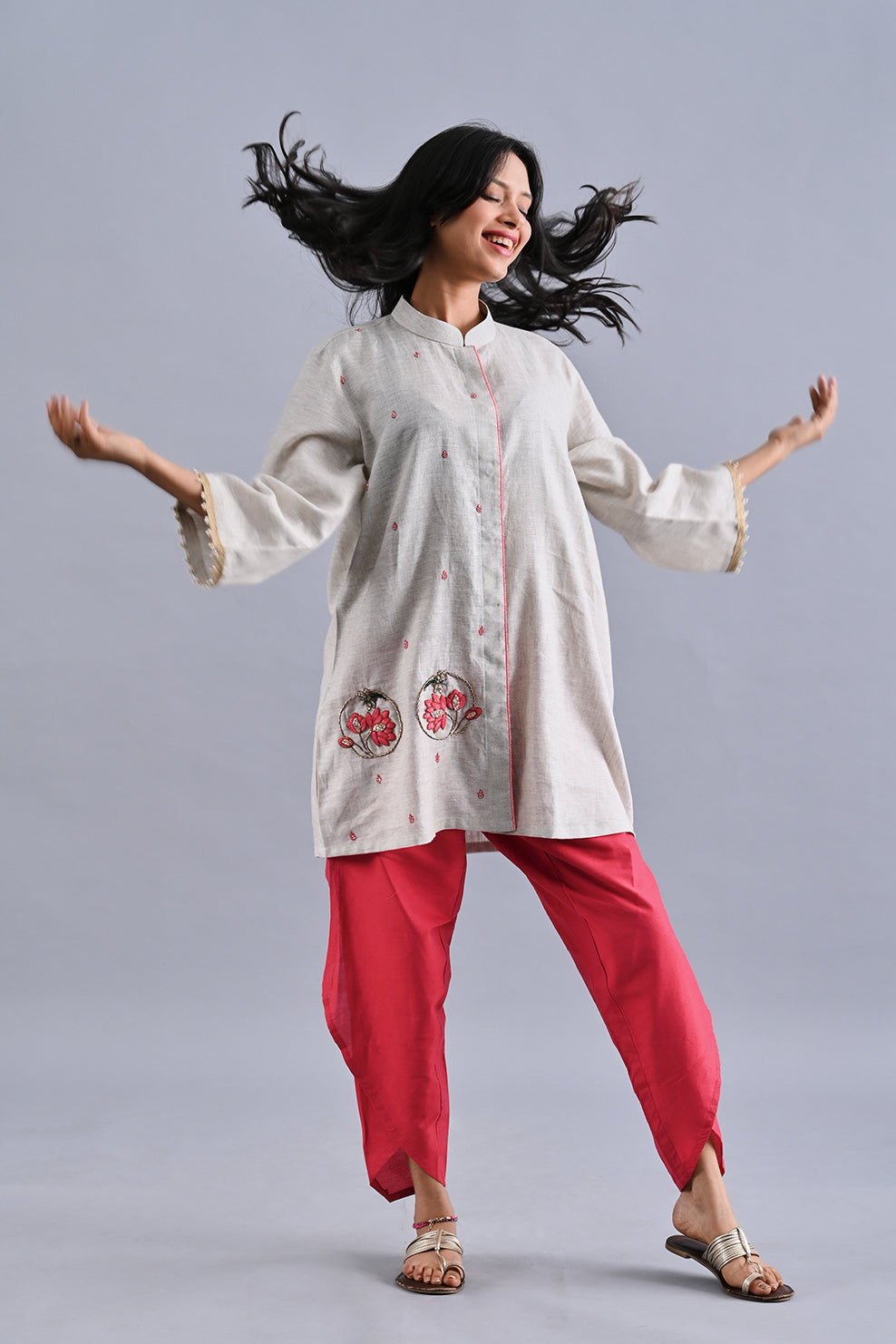 Beige Lotus Linen kurta